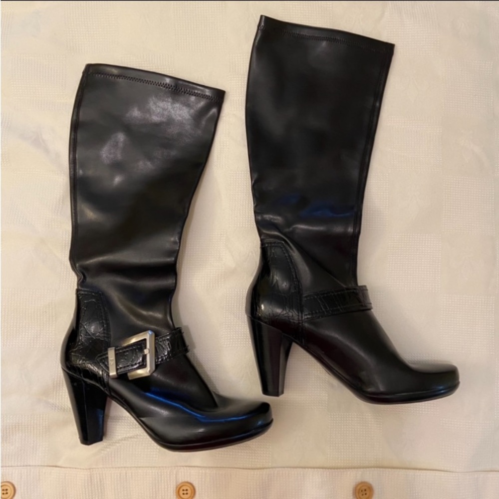 NWOT Franco Sarto Traspira stretch below knee boots with buckle embellishment.